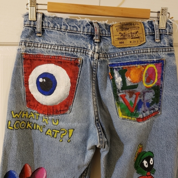 Levi's 505 hand painted size 29×30 ORANGE tab 90s Little e - Picture 8 of 14